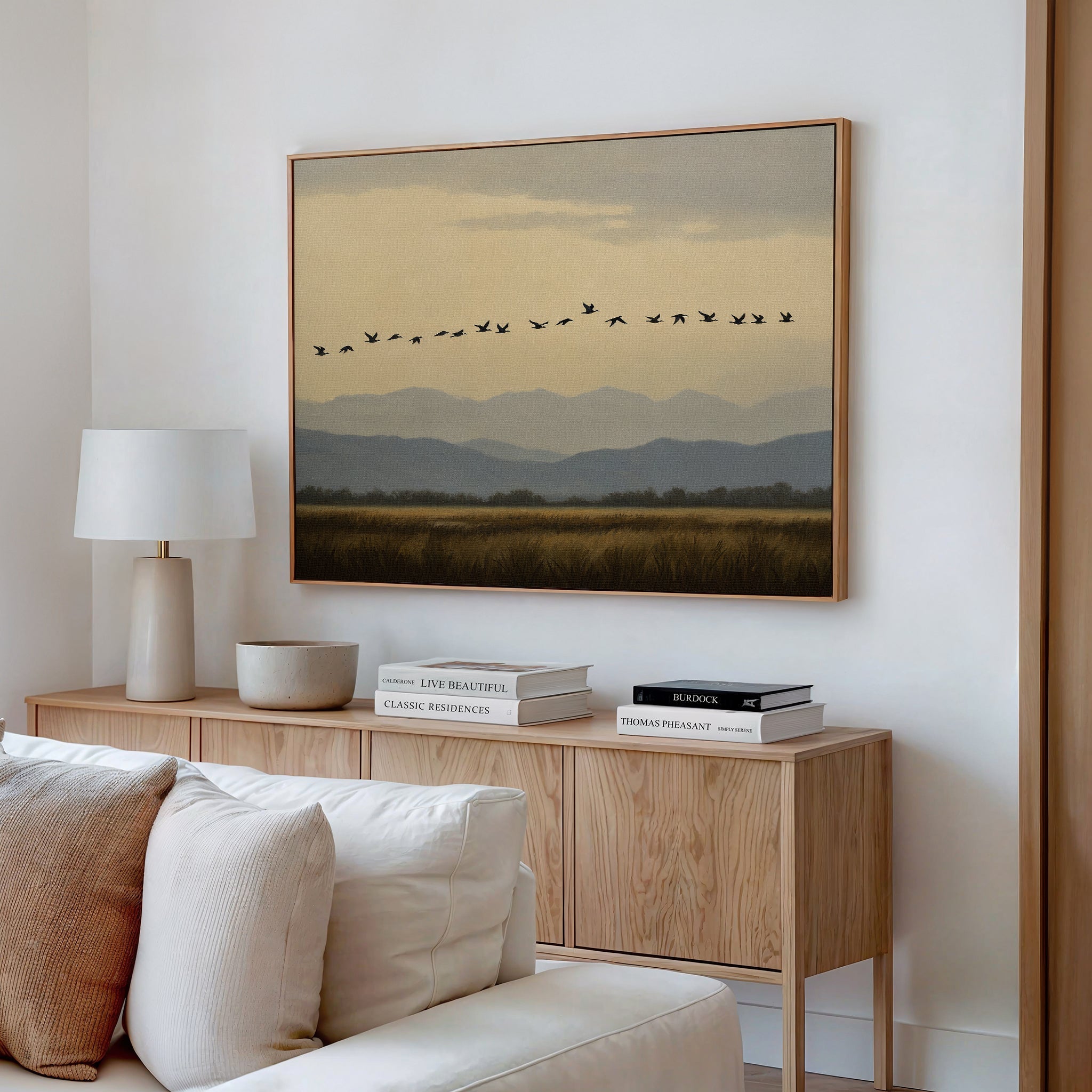 Wings Over the Quiet Valley Canvas Print – neutral-toned vintage canvas wall art print by Aspire Prints