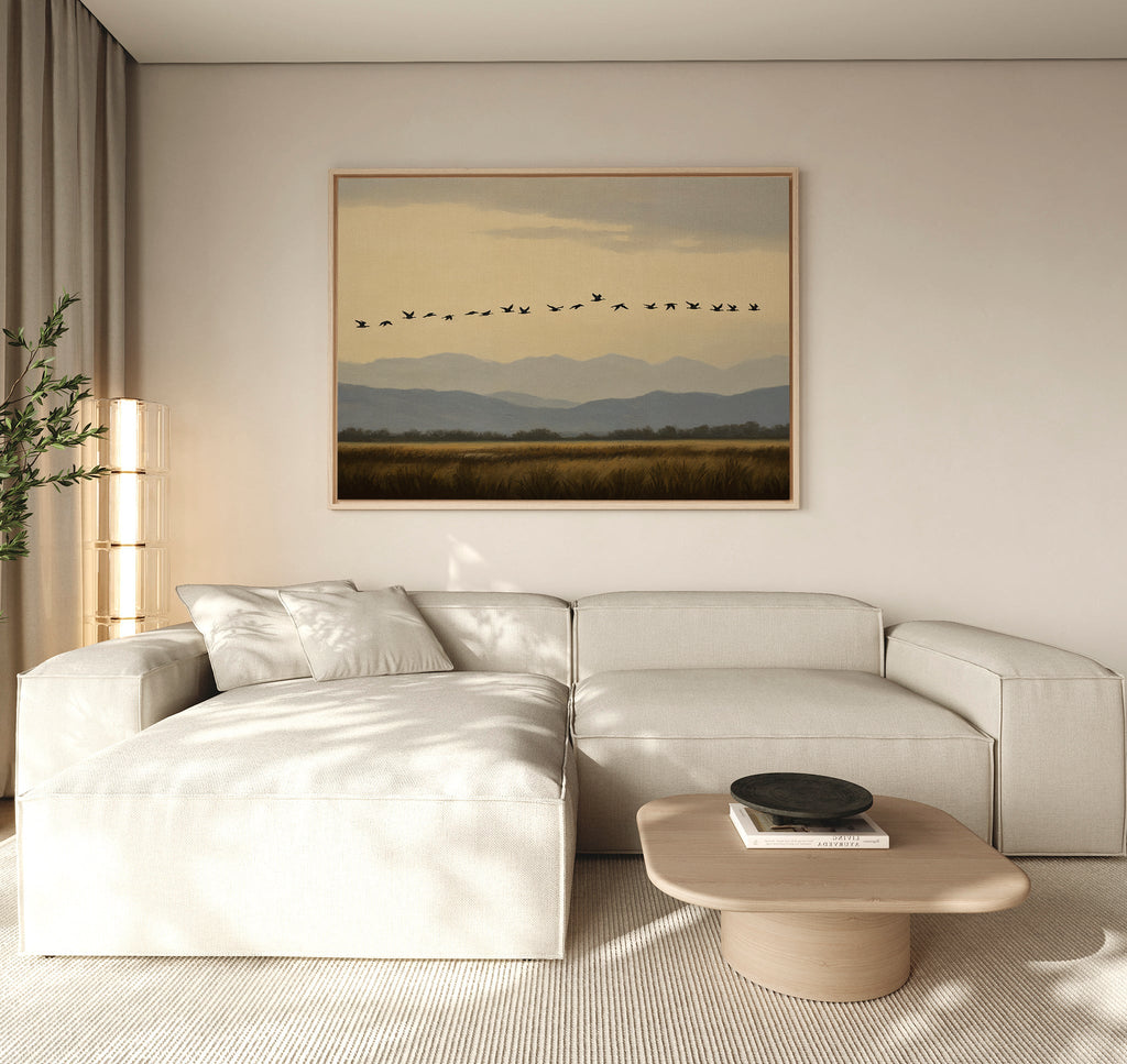 Wings Over the Quiet Valley Canvas Print – neutral-toned vintage canvas wall art print by Aspire Prints