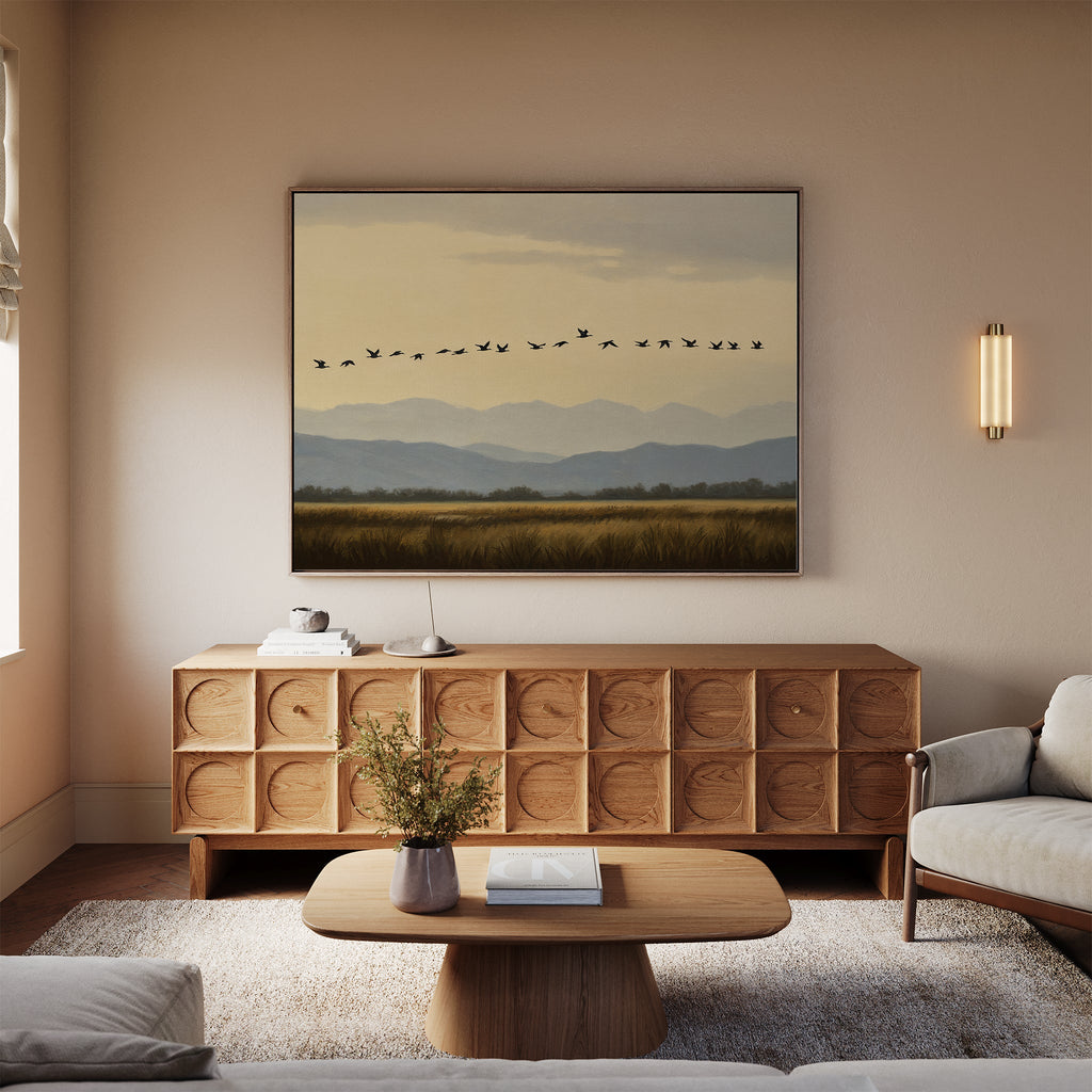 Wings Over the Quiet Valley Canvas Print – neutral-toned vintage canvas wall art print by Aspire Prints