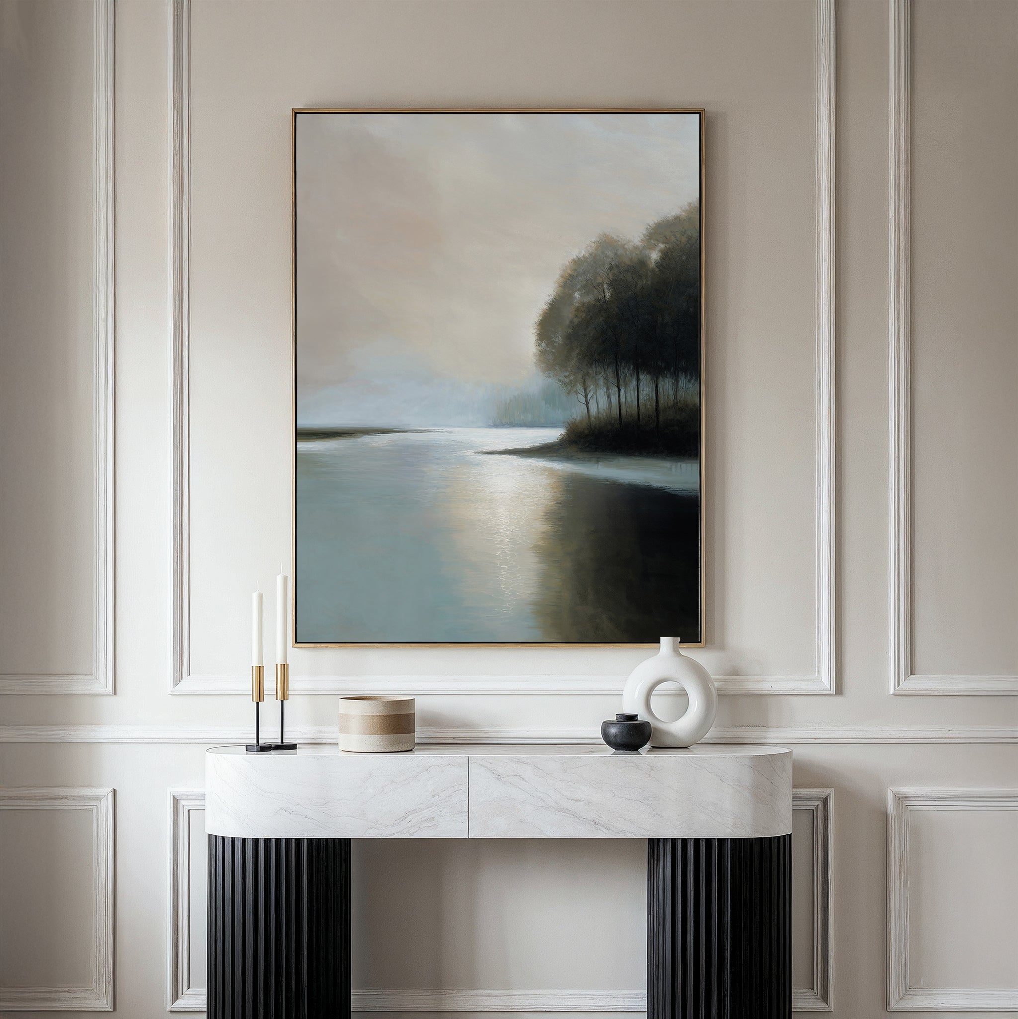 Whispers Across Still Water – neutral-toned vintage canvas wall art print by Aspire Prints