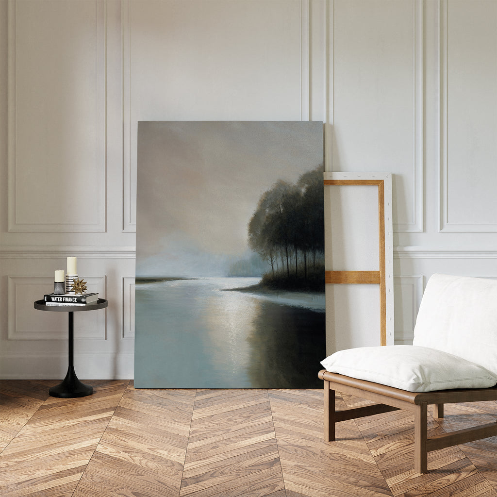 Whispers Across Still Water – neutral-toned vintage canvas wall art print by Aspire Prints