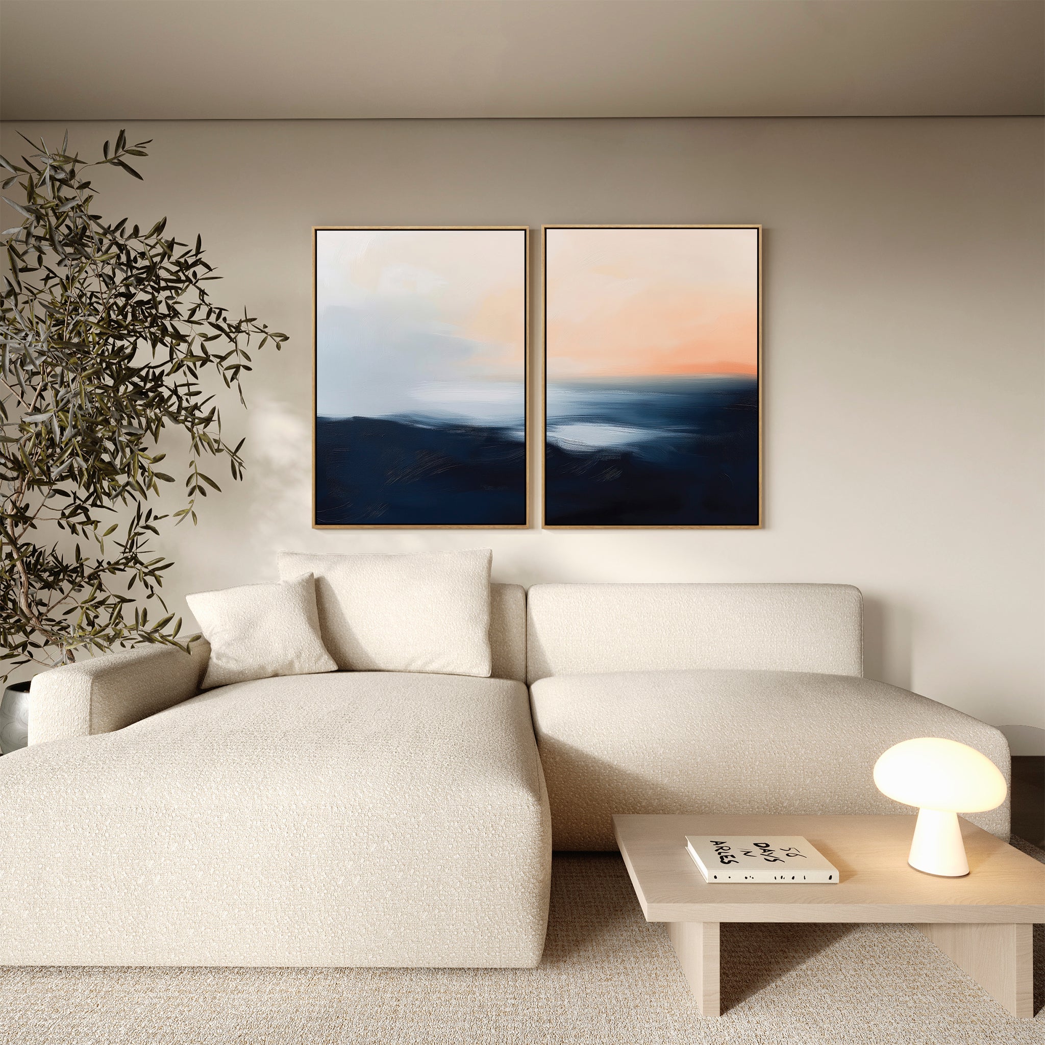 Twilight Horizon Diptych – Set of 2 Canvas Prints set of 2 – neutral-toned coastal canvas wall art by Aspire Prints