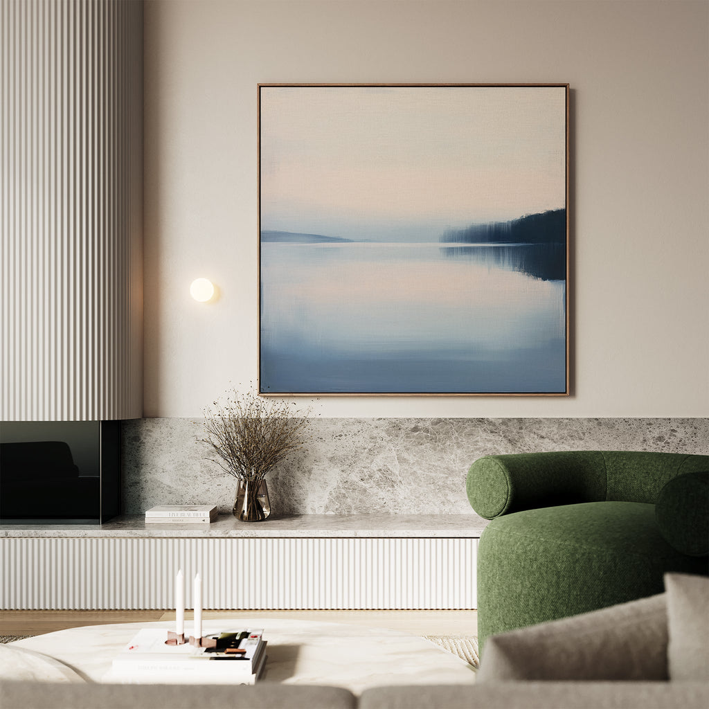 Whispers Across Still Water – blue coastal canvas wall art print by Aspire Prints