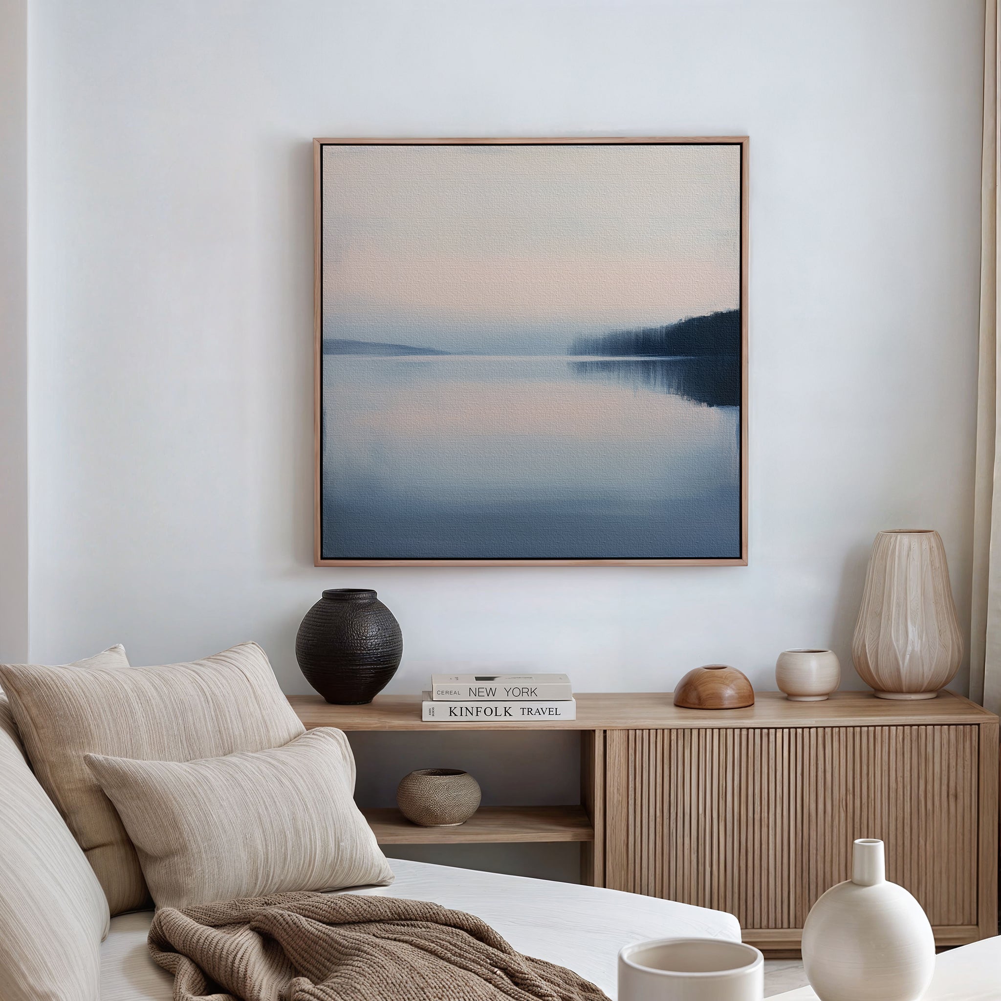 Whispers Across Still Water – blue coastal canvas wall art print by Aspire Prints