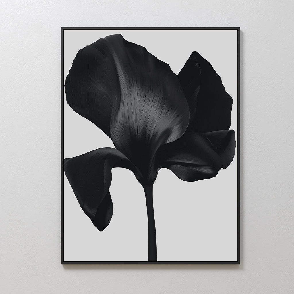 Midnight Petal Hush – black botanical canvas wall art print by Aspire Prints