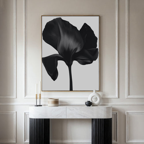 Midnight Petal Hush – black botanical canvas wall art print by Aspire Prints