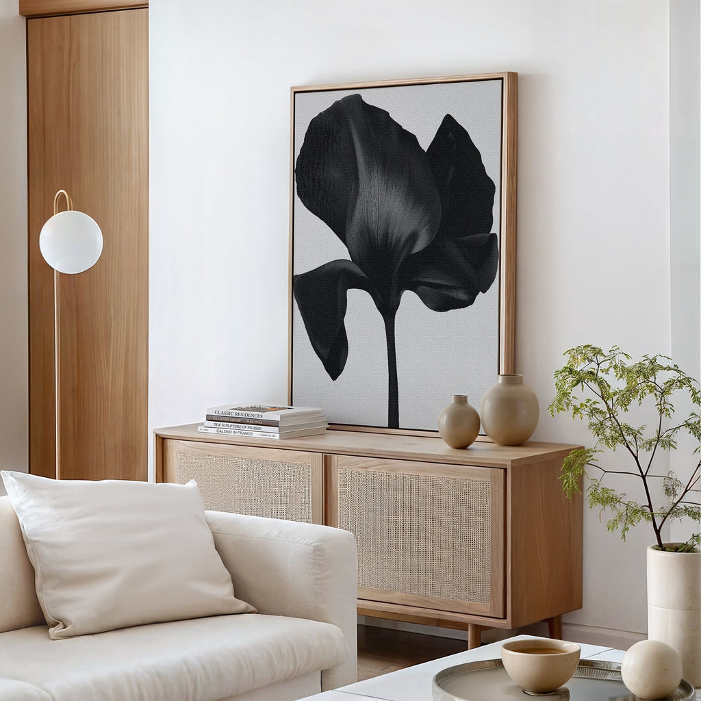 Midnight Petal Hush – black botanical canvas wall art print by Aspire Prints