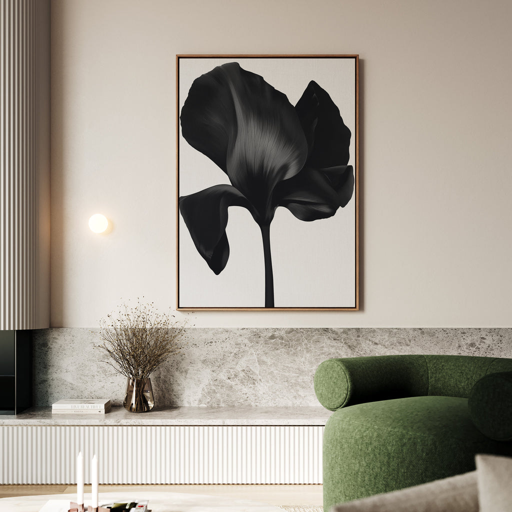 Midnight Petal Hush – black botanical canvas wall art print by Aspire Prints