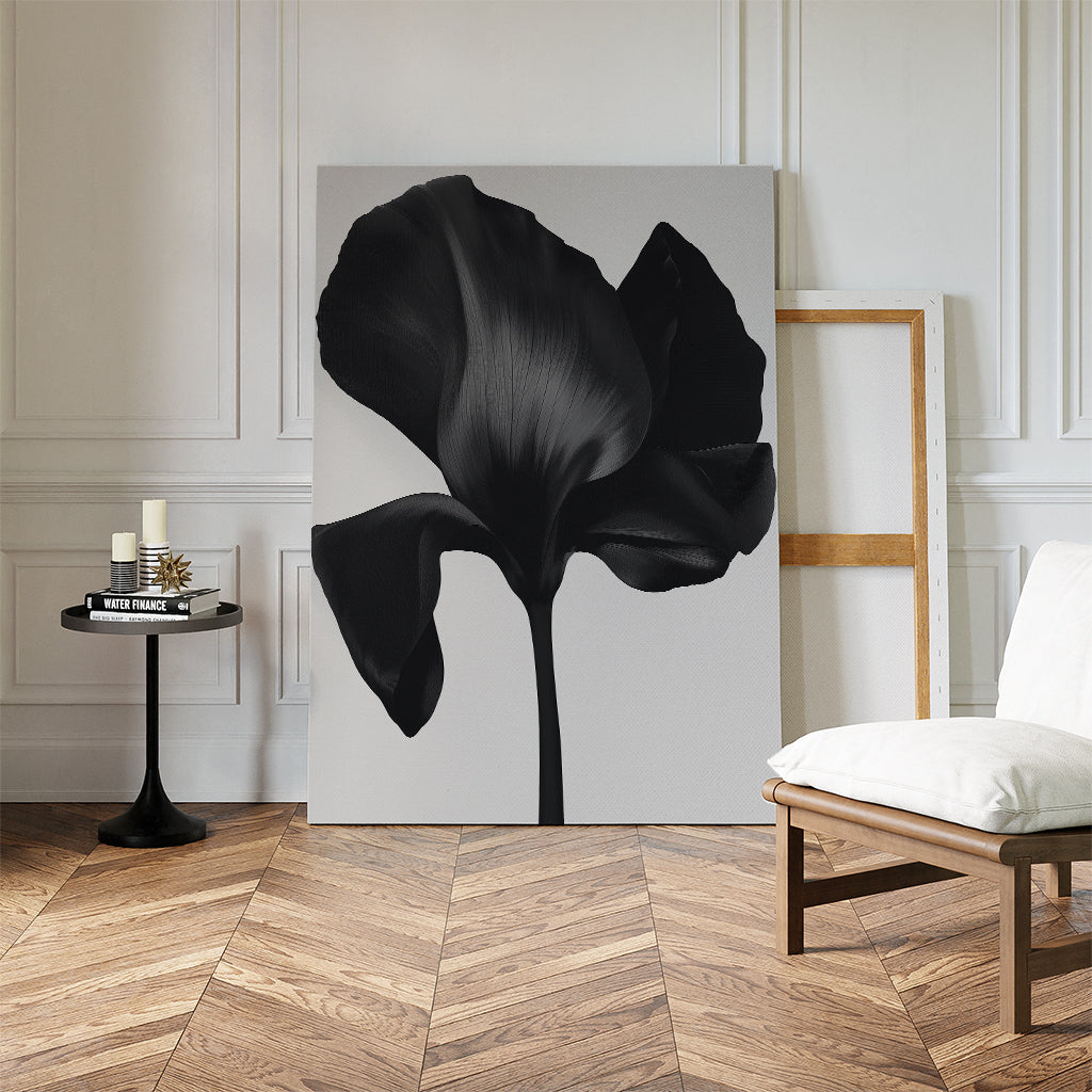 Midnight Petal Hush – black botanical canvas wall art print by Aspire Prints