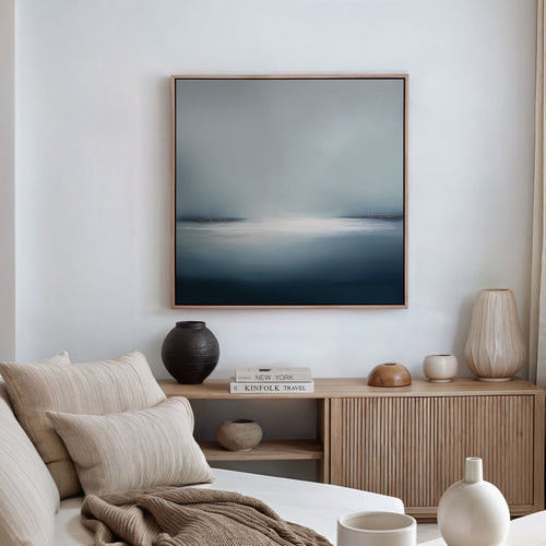 Emberline Stillness – blue coastal canvas wall art print by Aspire Prints