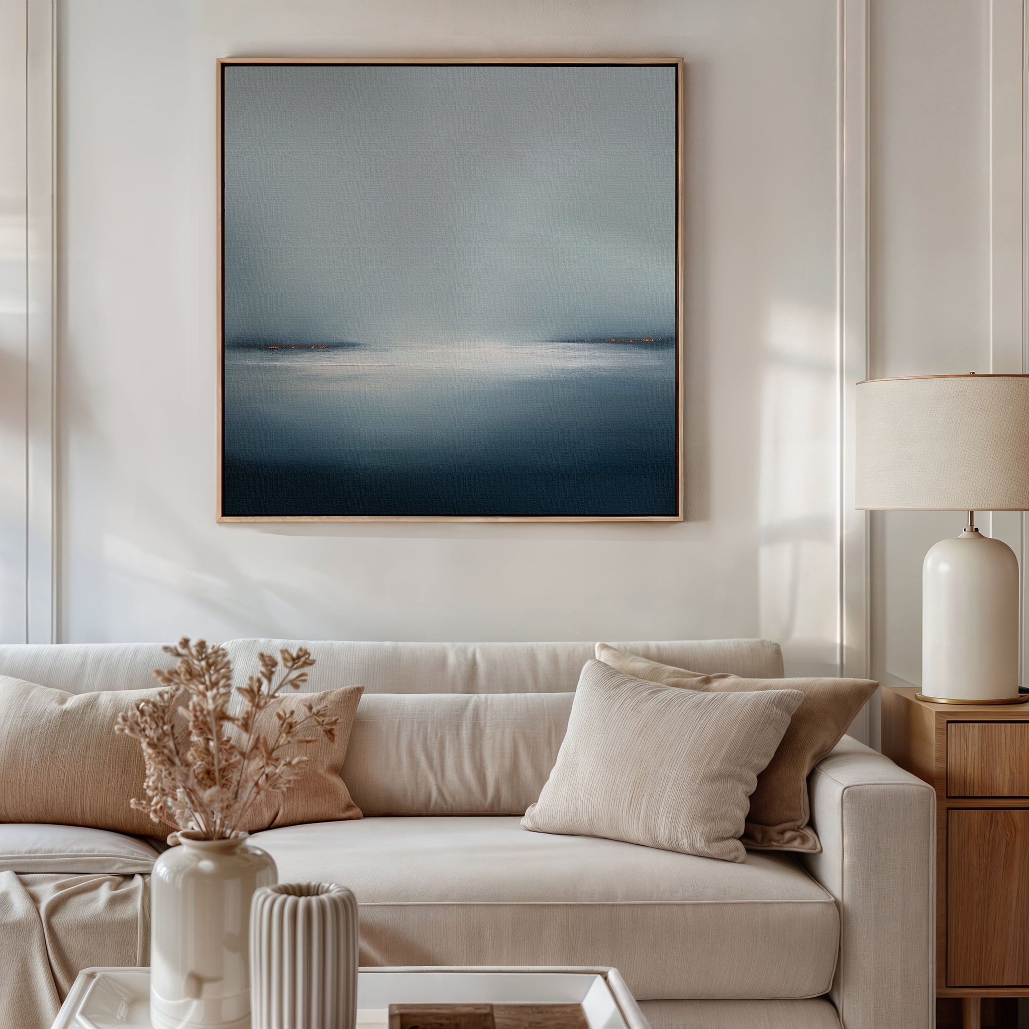 Emberline Stillness – blue coastal canvas wall art print by Aspire Prints