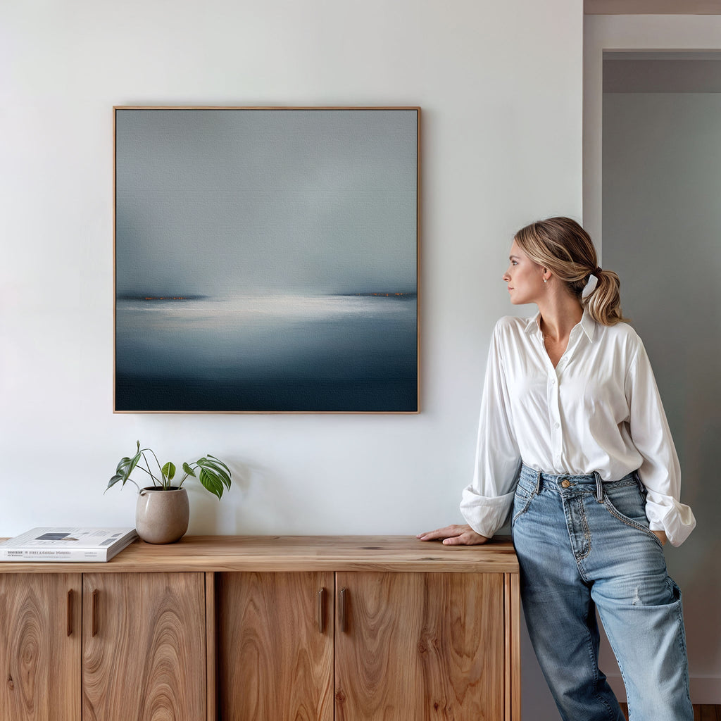 Emberline Stillness – blue coastal canvas wall art print by Aspire Prints