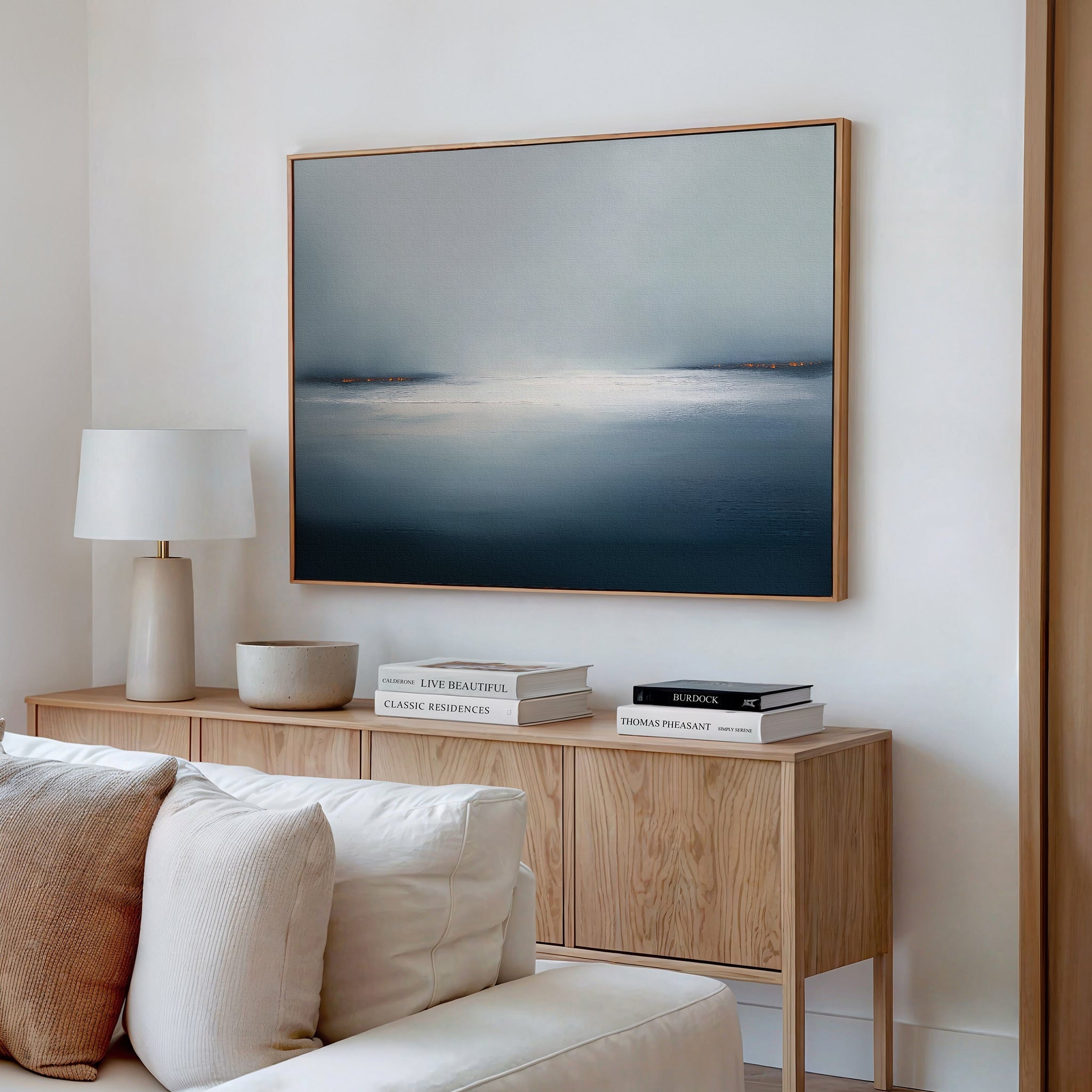 Emberline Stillness – blue coastal canvas wall art print by Aspire Prints