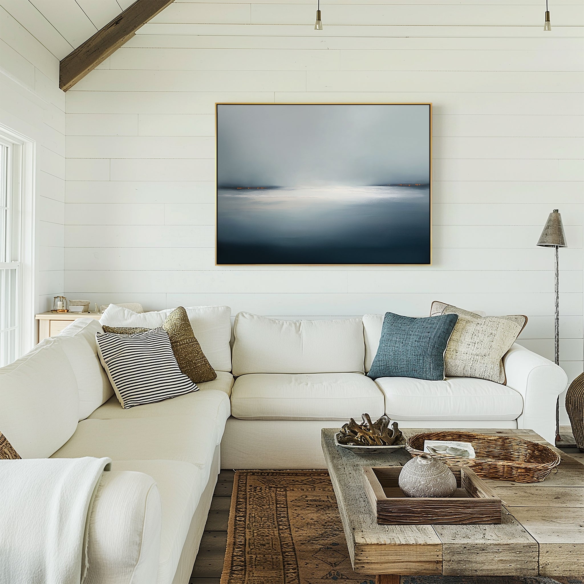 Emberline Stillness – blue coastal canvas wall art print by Aspire Prints
