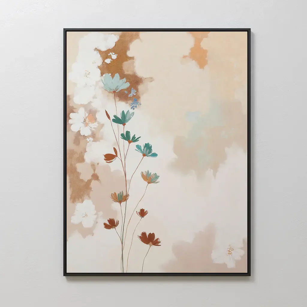 Whispers of Bloom – beige and white botanical canvas wall art print by Aspire Prints