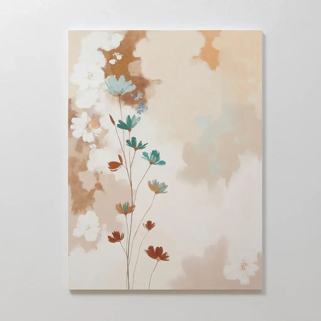 Whispers of Bloom – beige and white botanical canvas wall art print by Aspire Prints