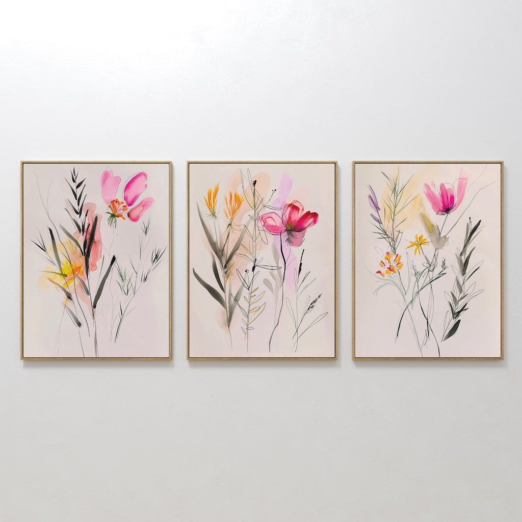 Petals in Whisper – Set of 3 Canvas Prints set of 3 – blush pink botanical canvas wall art by Aspire Prints
