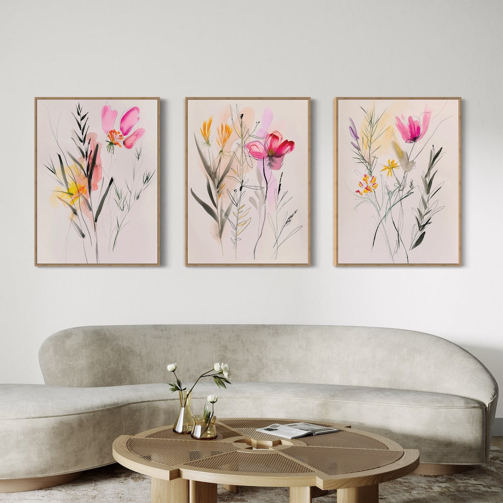 Petals in Whisper – Set of 3 Canvas Prints set of 3 – blush pink botanical canvas wall art by Aspire Prints