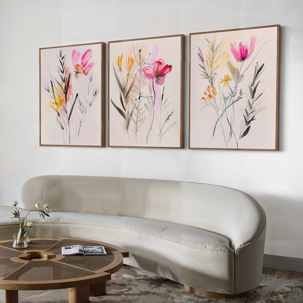 Petals in Whisper – Set of 3 Canvas Prints set of 3 – blush pink botanical canvas wall art by Aspire Prints