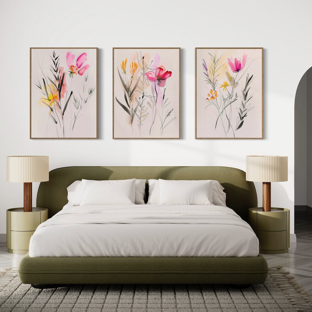 Petals in Whisper – Set of 3 Canvas Prints set of 3 – blush pink botanical canvas wall art by Aspire Prints