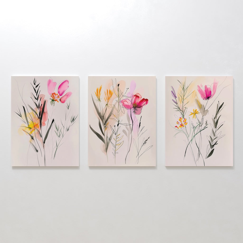 Petals in Whisper – Set of 3 Canvas Prints set of 3 – blush pink botanical canvas wall art by Aspire Prints