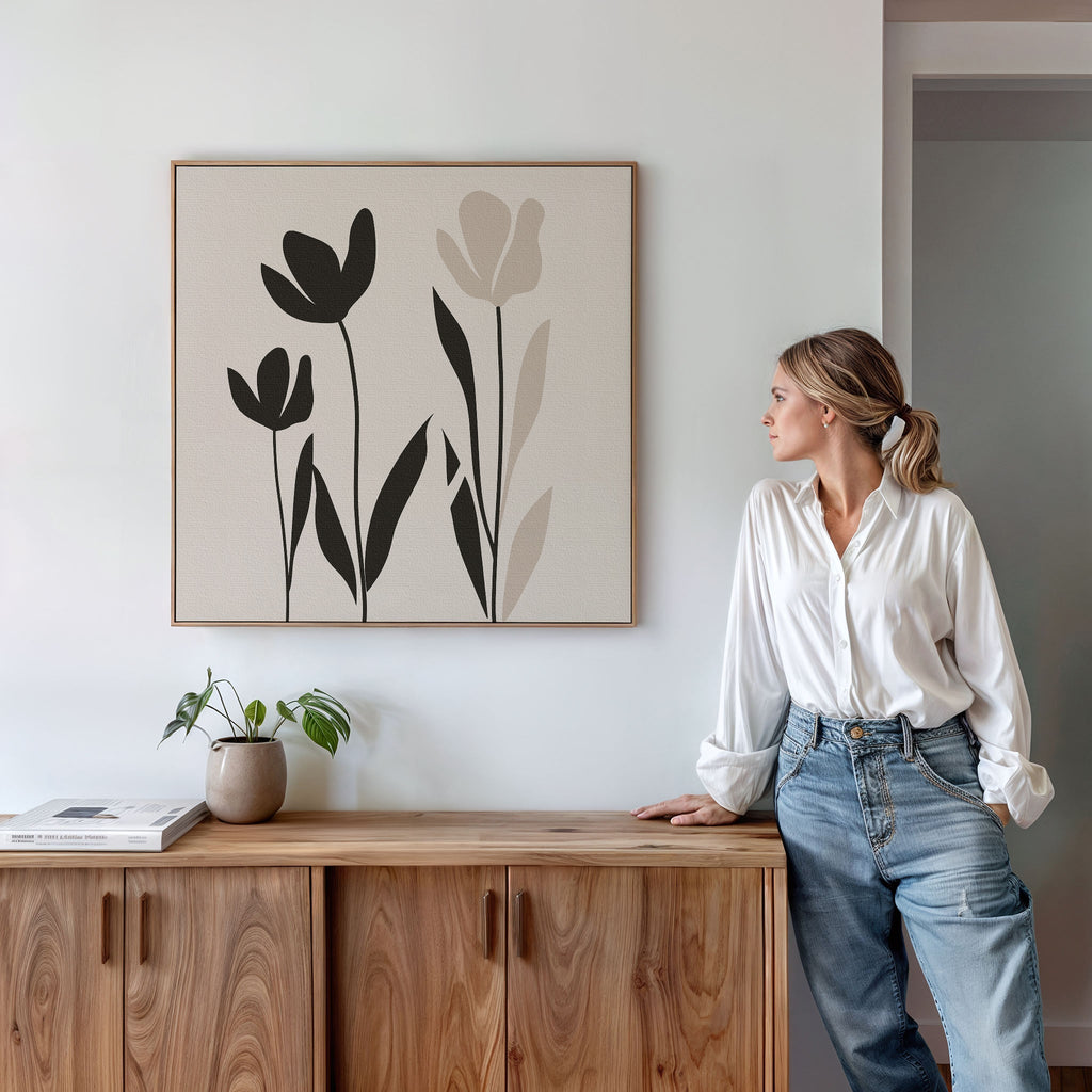Whispers in Bloom – black and white botanical canvas wall art print by Aspire Prints