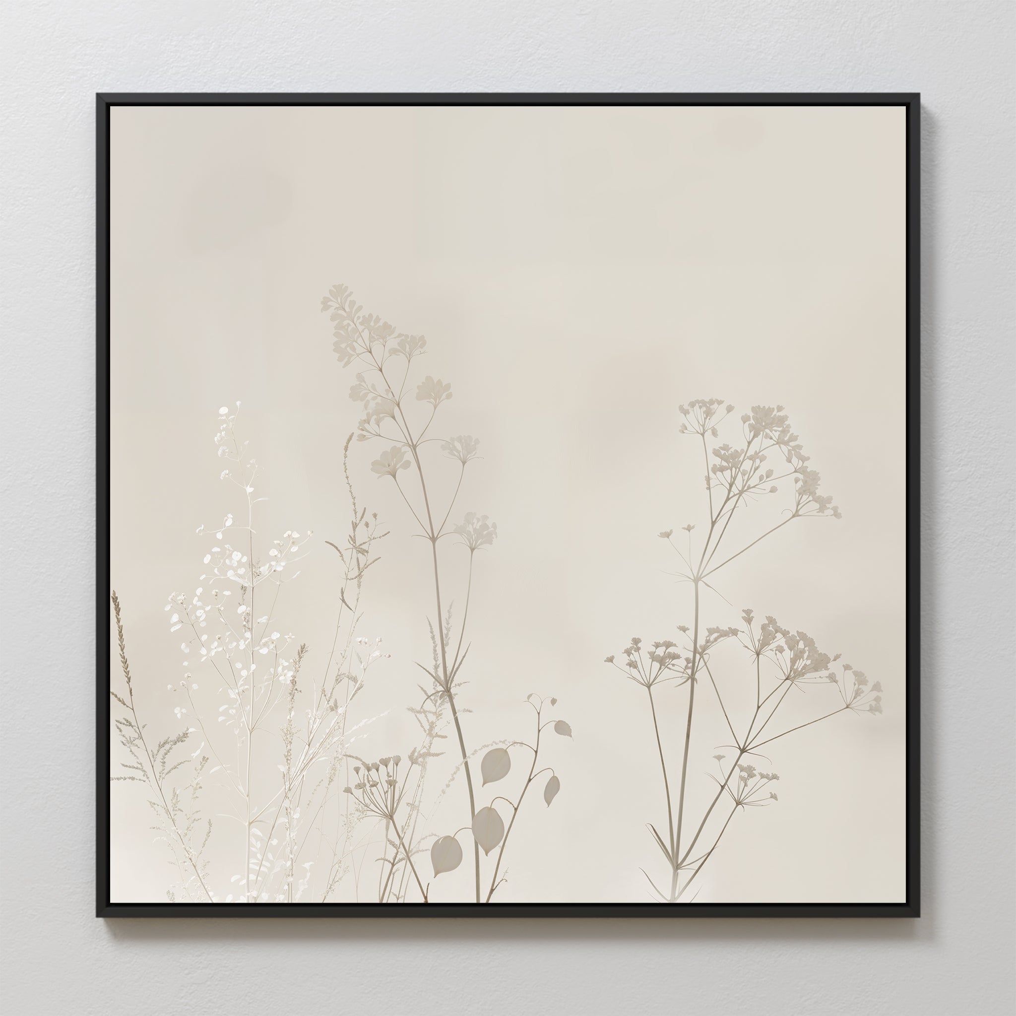 Whispering Petals in Bloom – beige and white botanical canvas wall art print by Aspire Prints