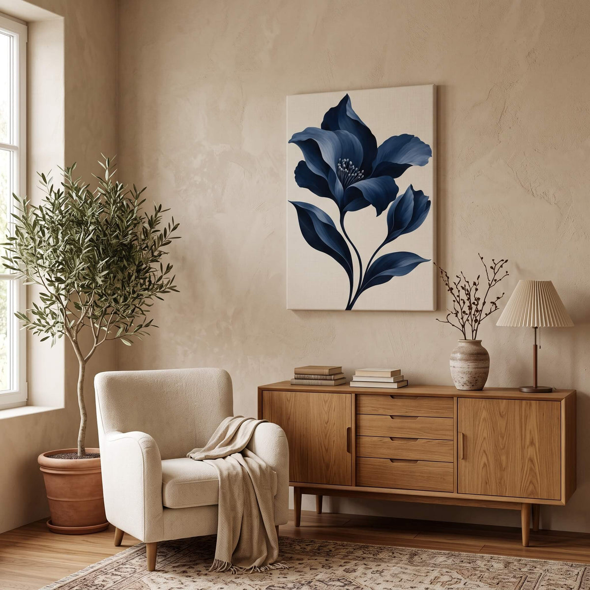 Velvet Blue Flower Canvas Art - Vertical by Aspire Prints styled in a room