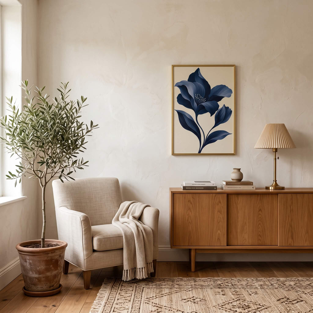 Velvet Blue Flower Canvas Art - Vertical by Aspire Prints styled in a room