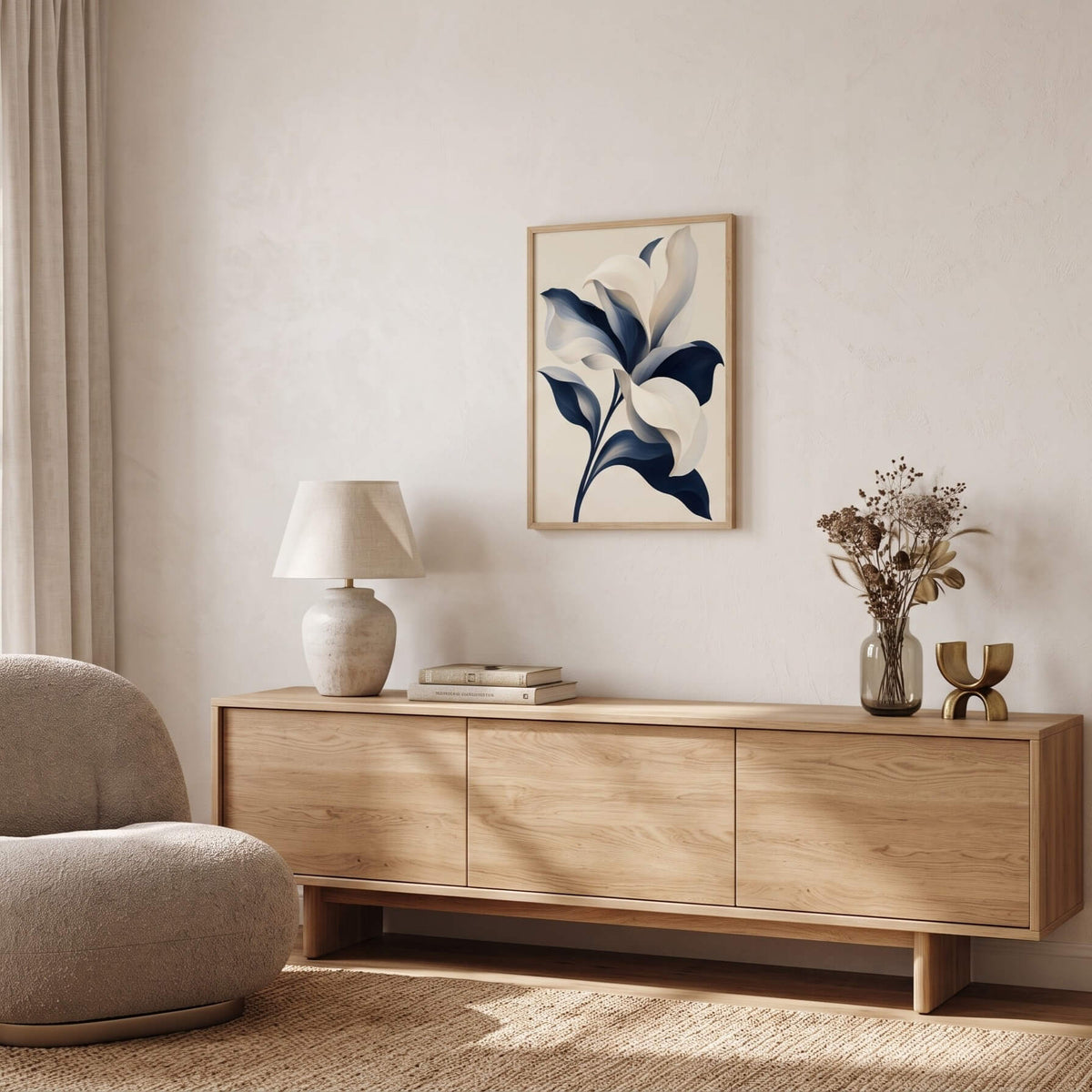 Ivory and Navy Lily Canvas Art - Vertical by Aspire Prints styled in a room