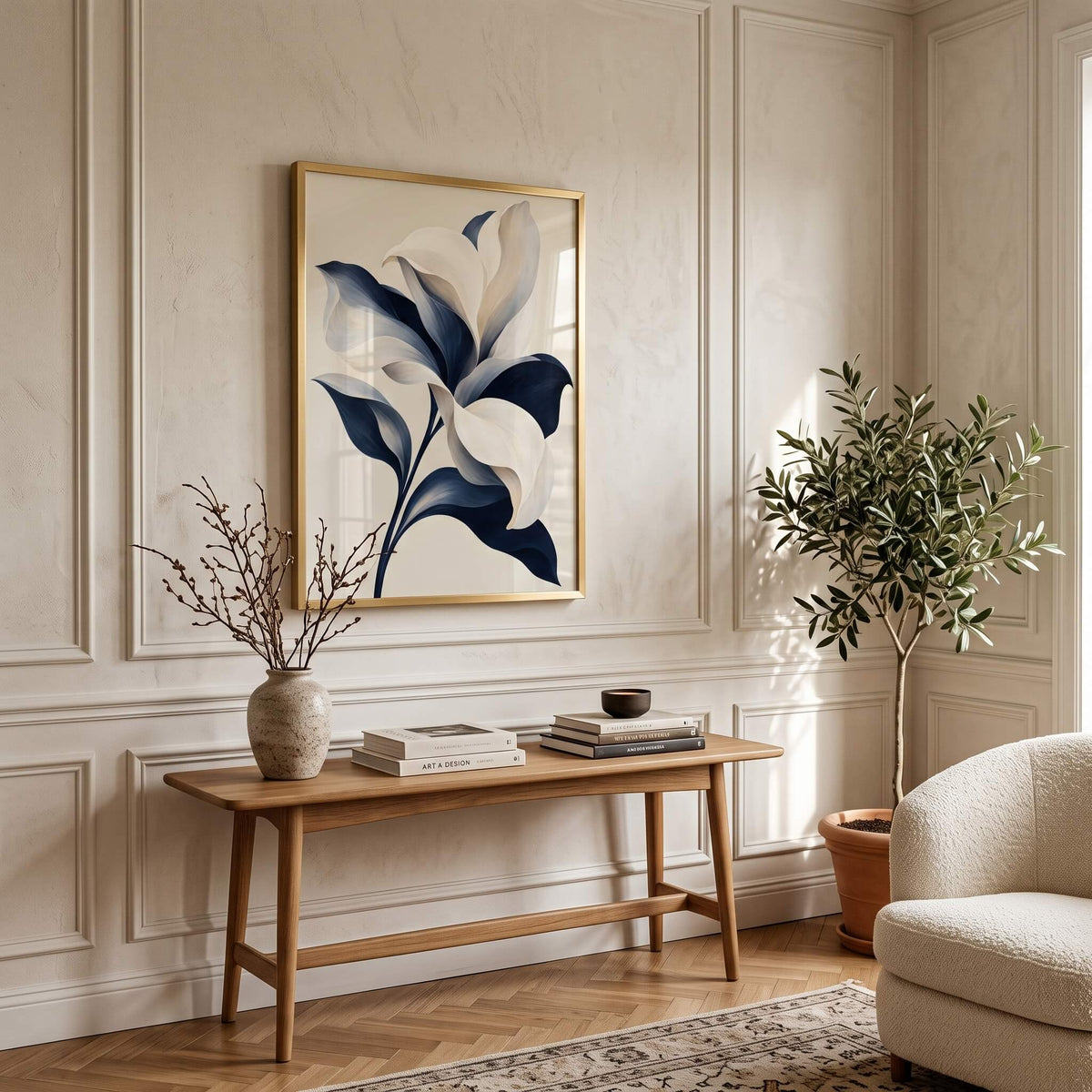 Ivory and Navy Lily Canvas Art - Vertical by Aspire Prints styled in a room
