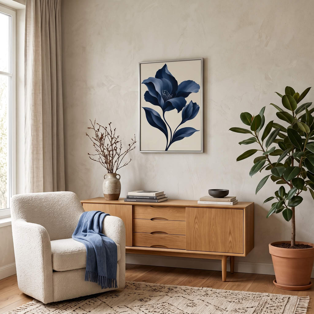 Velvet Blue Flower Canvas Art - Vertical by Aspire Prints styled in a room
