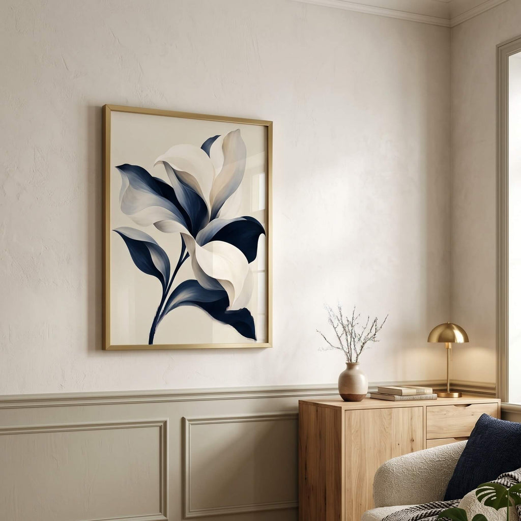 Ivory and Navy Lily Canvas Art - Vertical by Aspire Prints styled in a room
