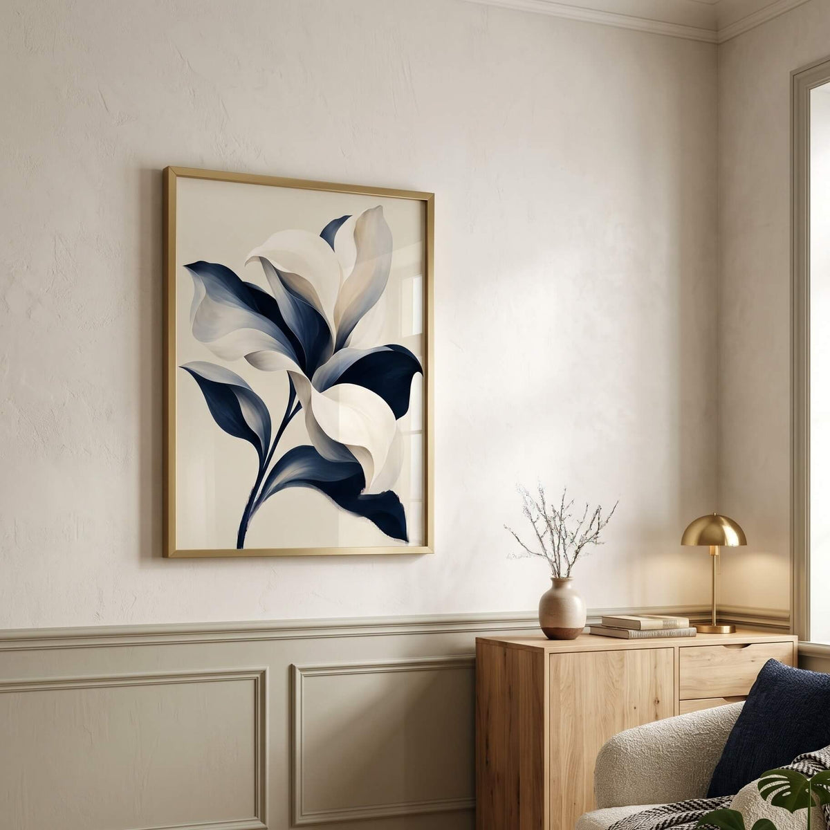 Ivory and Navy Lily Canvas Art - Vertical by Aspire Prints styled in a room