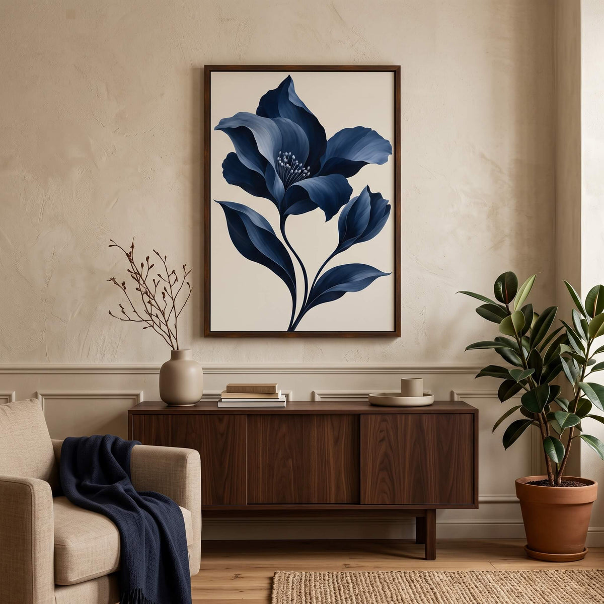 Velvet Blue Flower Canvas Art - Vertical by Aspire Prints styled in a room