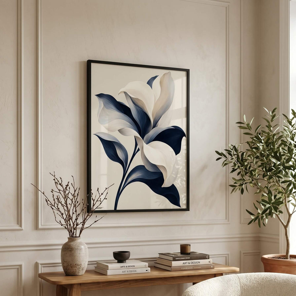 Ivory and Navy Lily Canvas Art - Vertical by Aspire Prints styled in a room