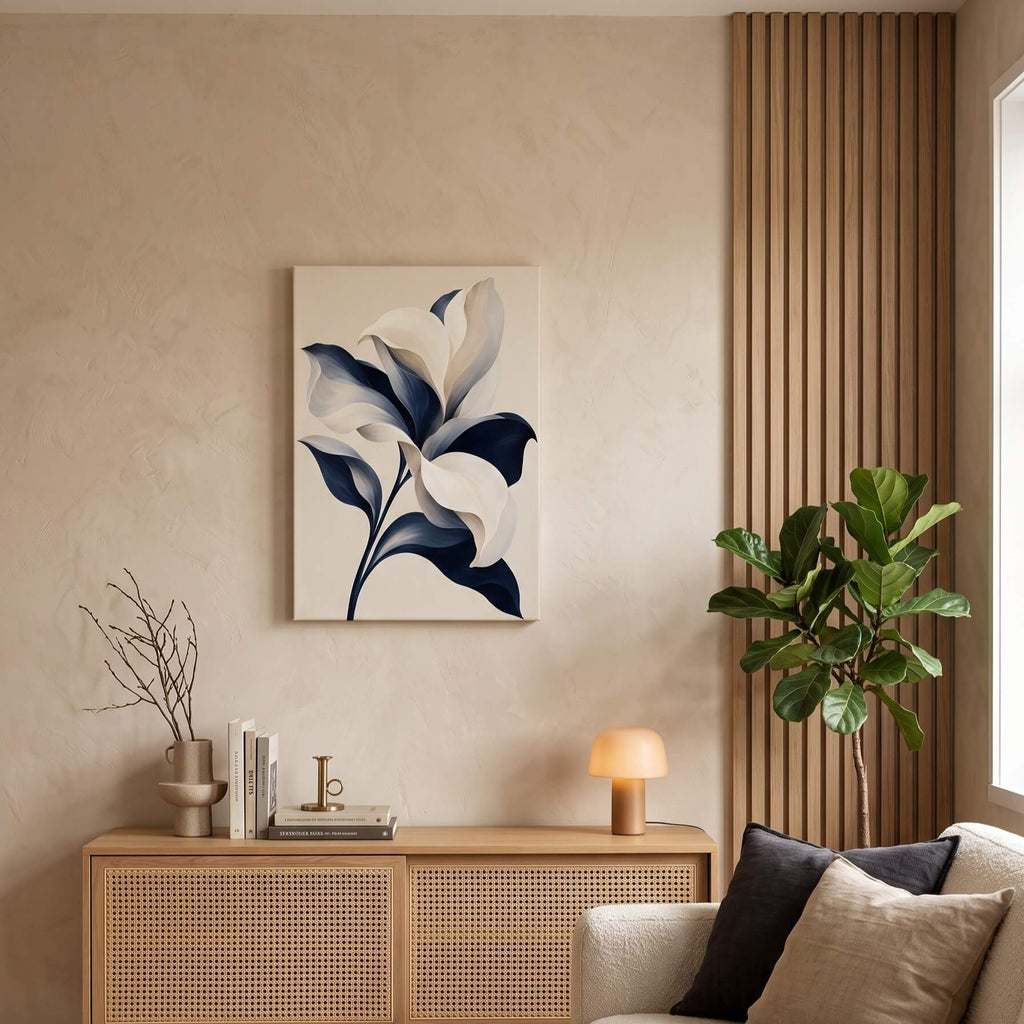 Ivory and Navy Lily Canvas Art - Vertical by Aspire Prints styled in a room