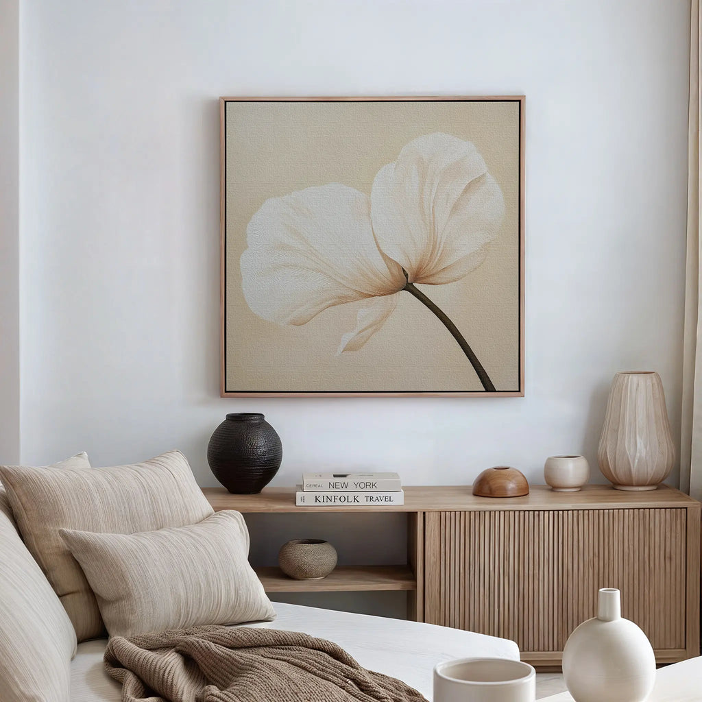 Whisper of Petals – beige and white botanical canvas wall art print by Aspire Prints