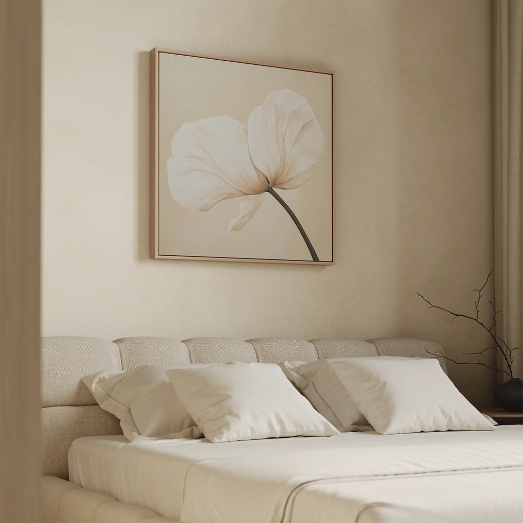 Whisper of Petals – beige and white botanical canvas wall art print by Aspire Prints