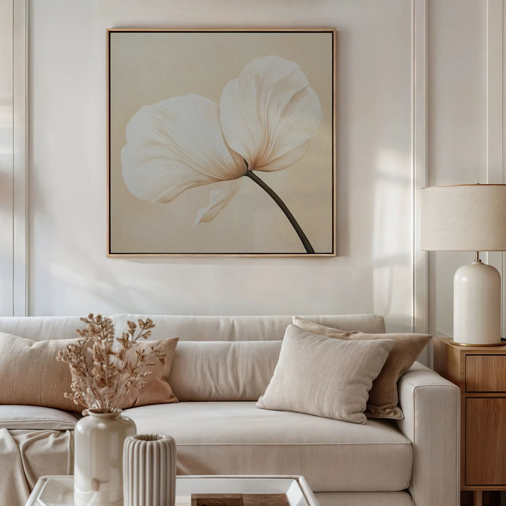 Whisper of Petals – beige and white botanical canvas wall art print by Aspire Prints