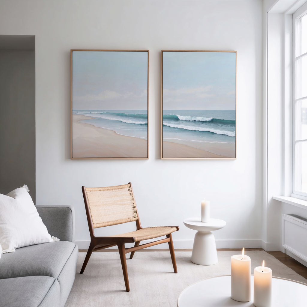 Whispering Tides Diptych – Set of 2 Canvas Prints set of 2 – neutral-toned coastal canvas wall art by Aspire Prints