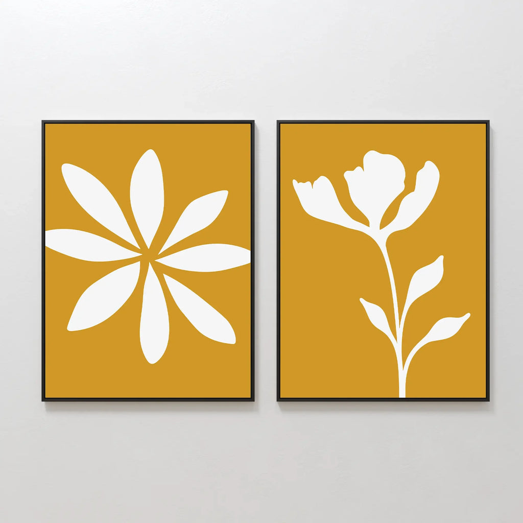 Sunlit Petals Diptych – Set of 2 Canvas Prints set of 2 – golden yellow botanical canvas wall art by Aspire Prints
