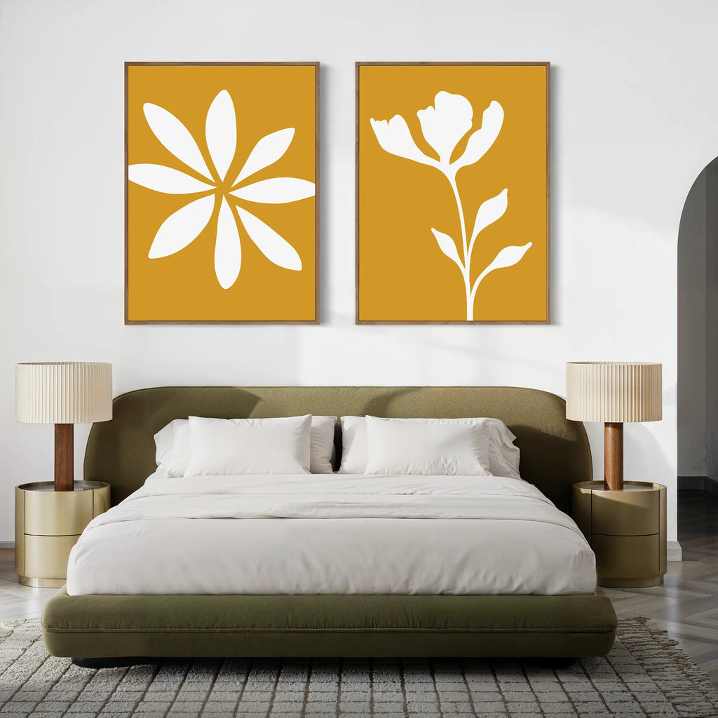 Sunlit Petals Diptych – Set of 2 Canvas Prints set of 2 – golden yellow botanical canvas wall art by Aspire Prints