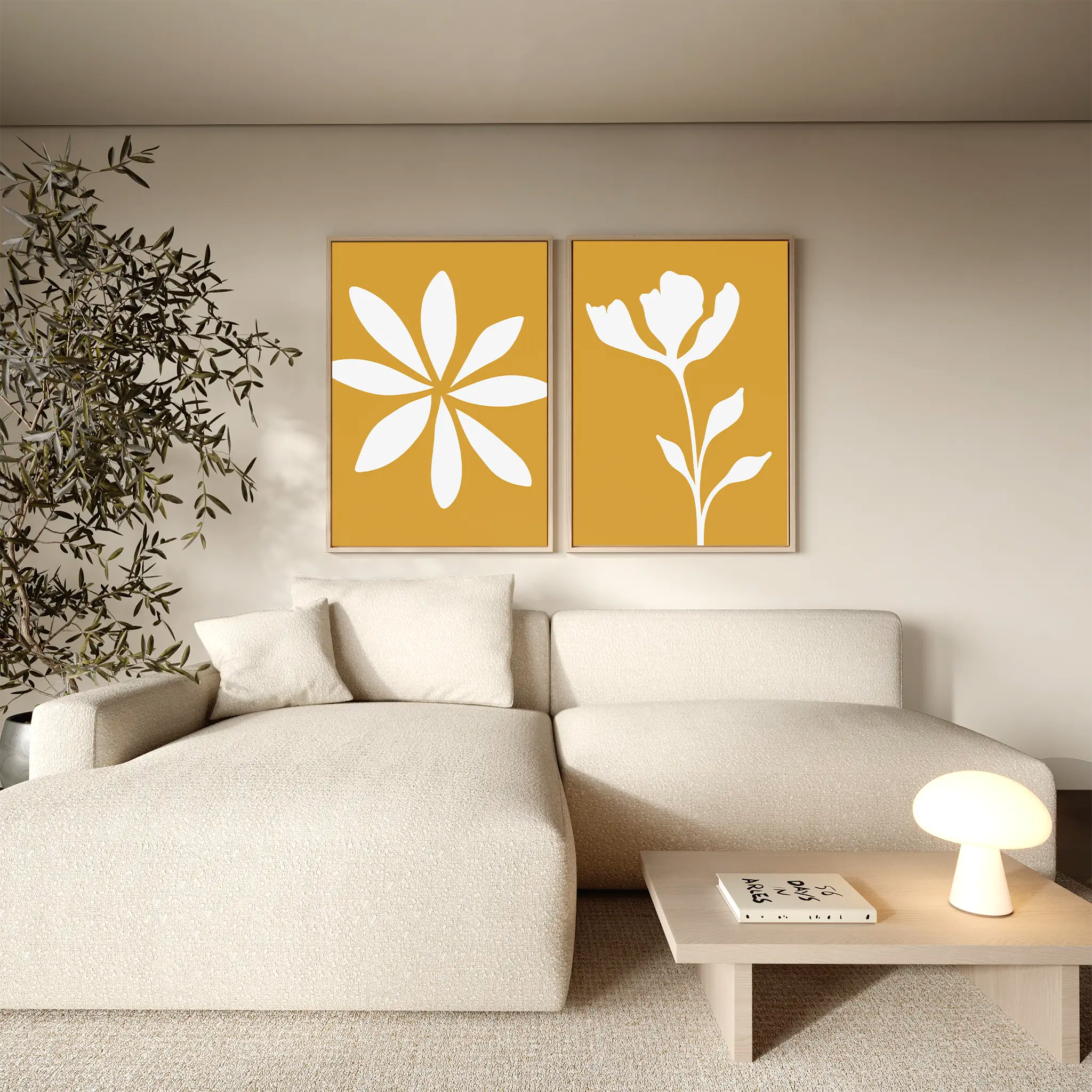 Sunlit Petals Diptych – Set of 2 Canvas Prints set of 2 – golden yellow botanical canvas wall art by Aspire Prints