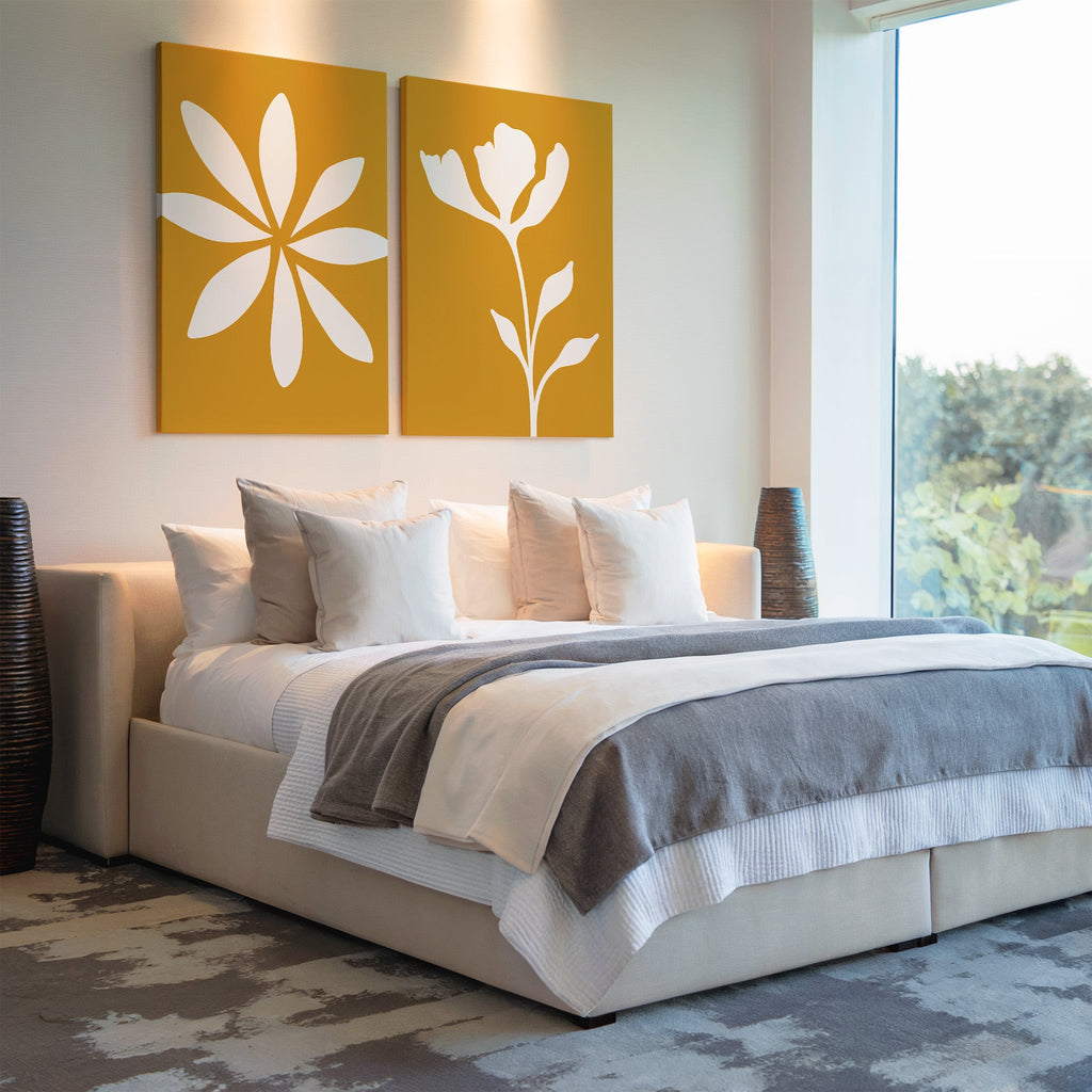 Sunlit Petals Diptych – Set of 2 Canvas Prints set of 2 – golden yellow botanical canvas wall art by Aspire Prints