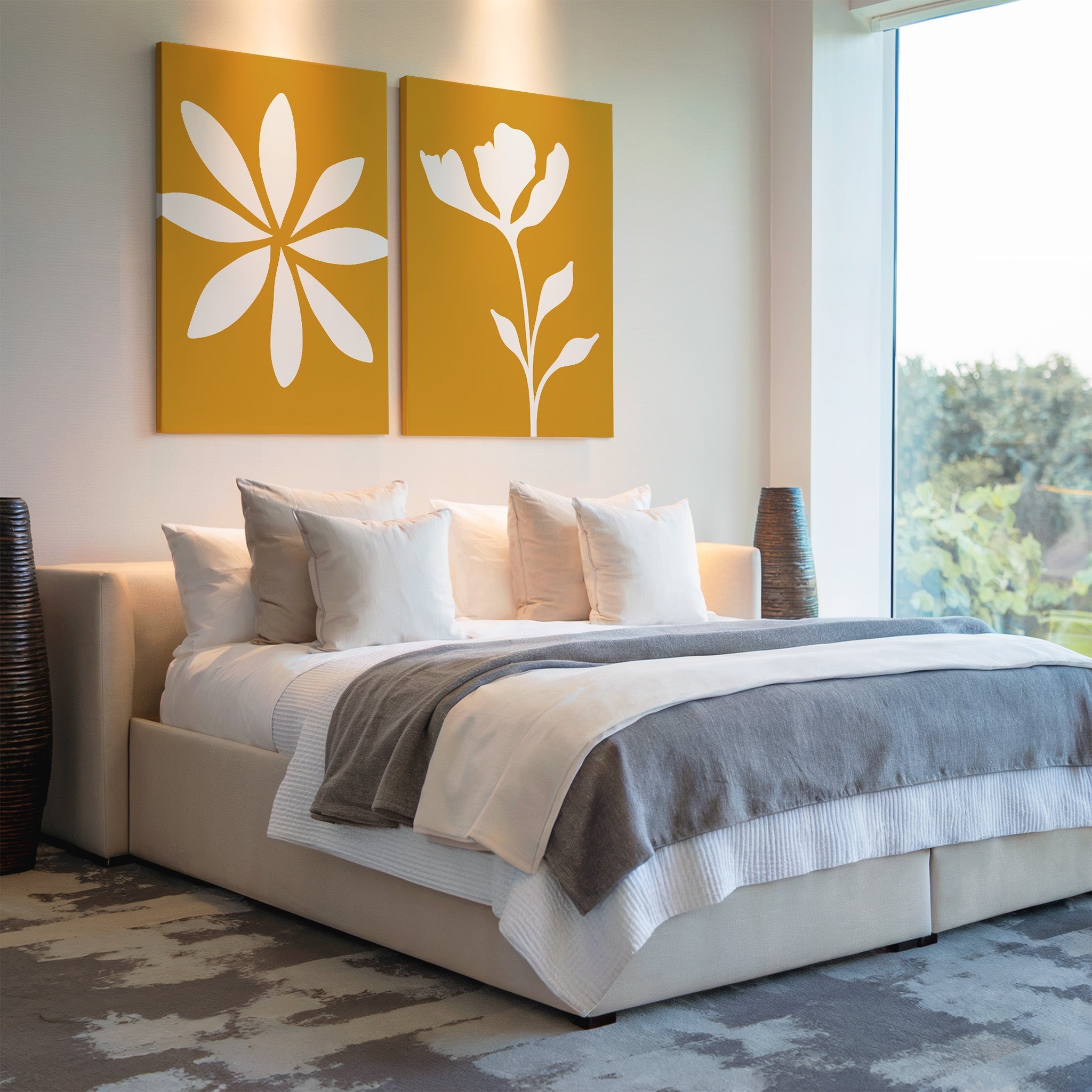 Sunlit Petals Diptych – Set of 2 Canvas Prints set of 2 – golden yellow botanical canvas wall art by Aspire Prints