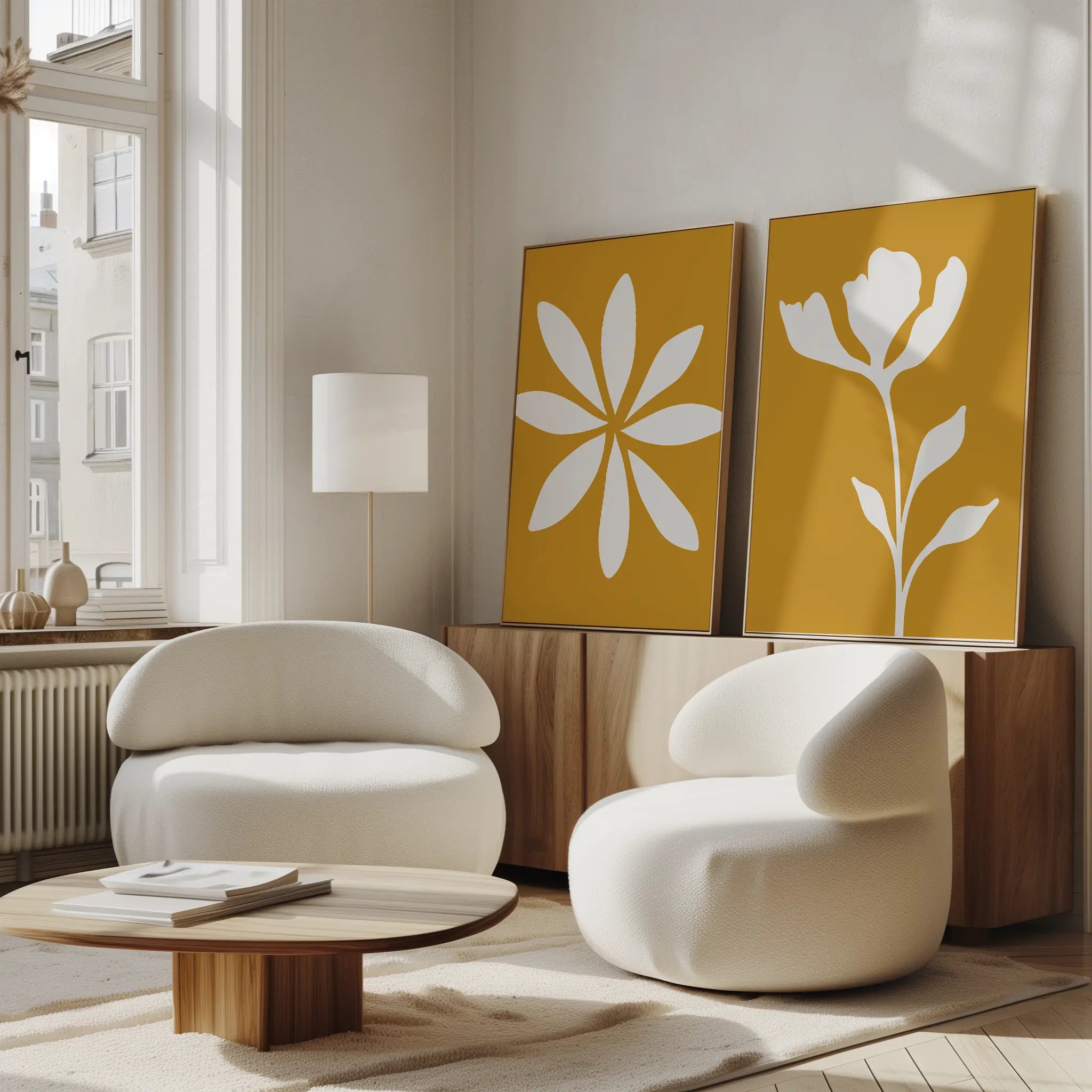 Sunlit Petals Diptych – Set of 2 Canvas Prints set of 2 – golden yellow botanical canvas wall art by Aspire Prints