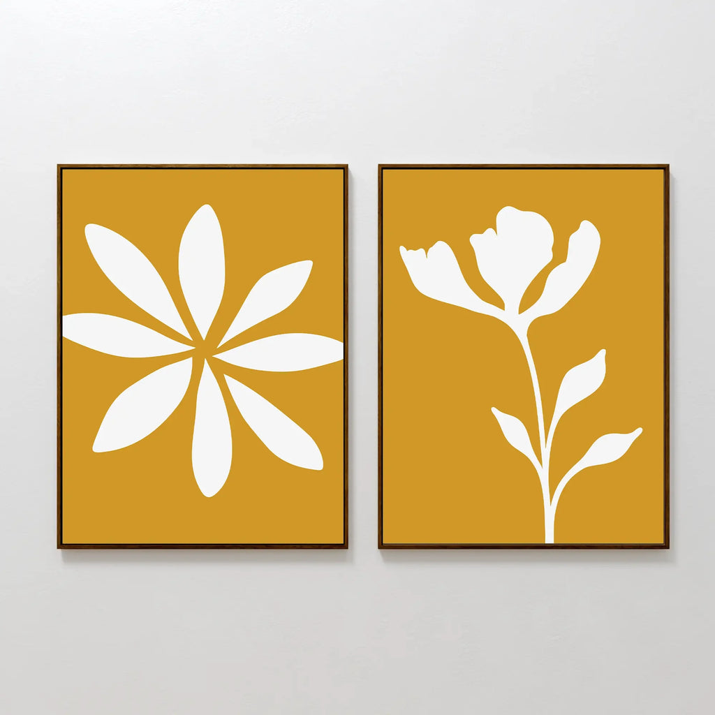 Sunlit Petals Diptych – Set of 2 Canvas Prints set of 2 – golden yellow botanical canvas wall art by Aspire Prints