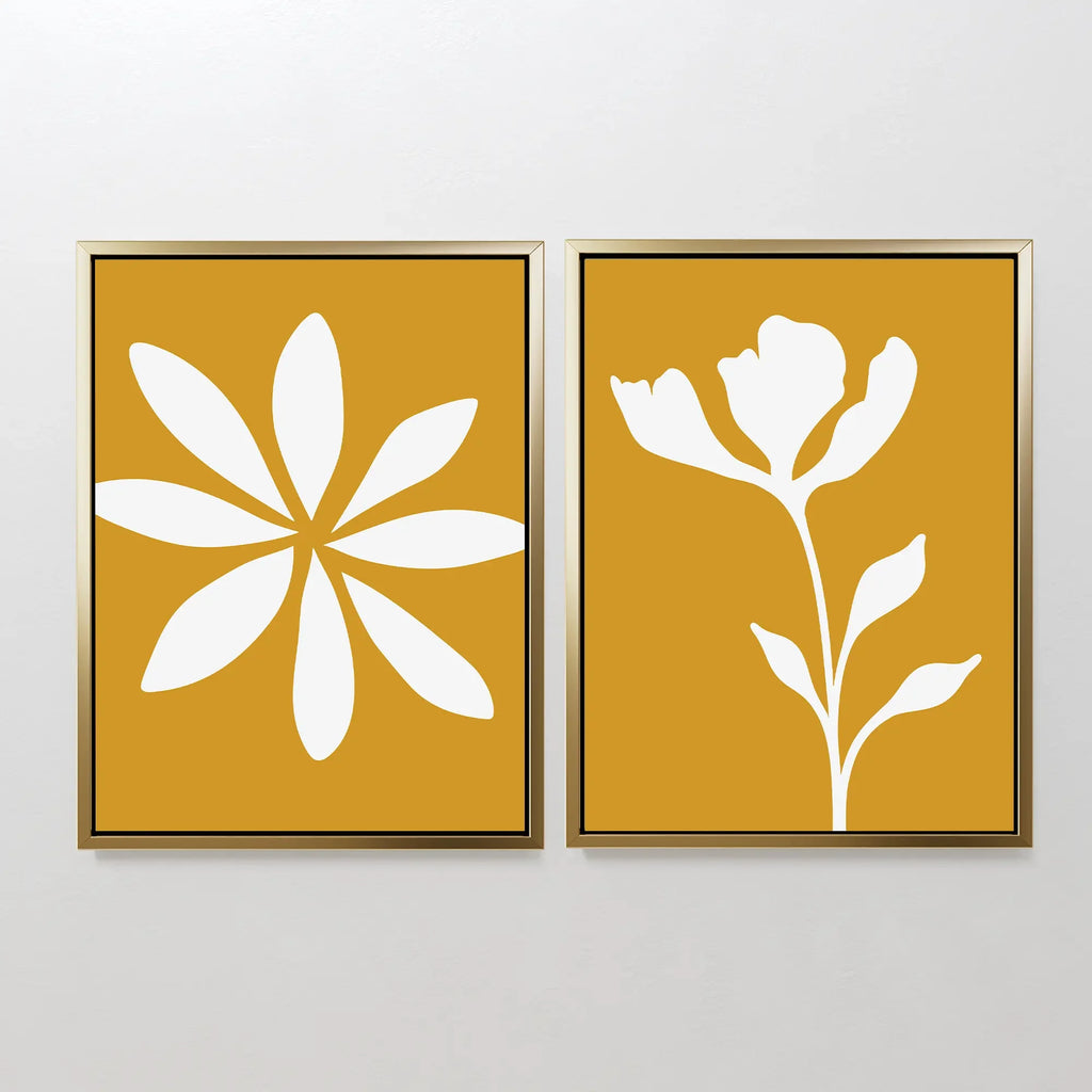 Sunlit Petals Diptych – Set of 2 Canvas Prints set of 2 – golden yellow botanical canvas wall art by Aspire Prints