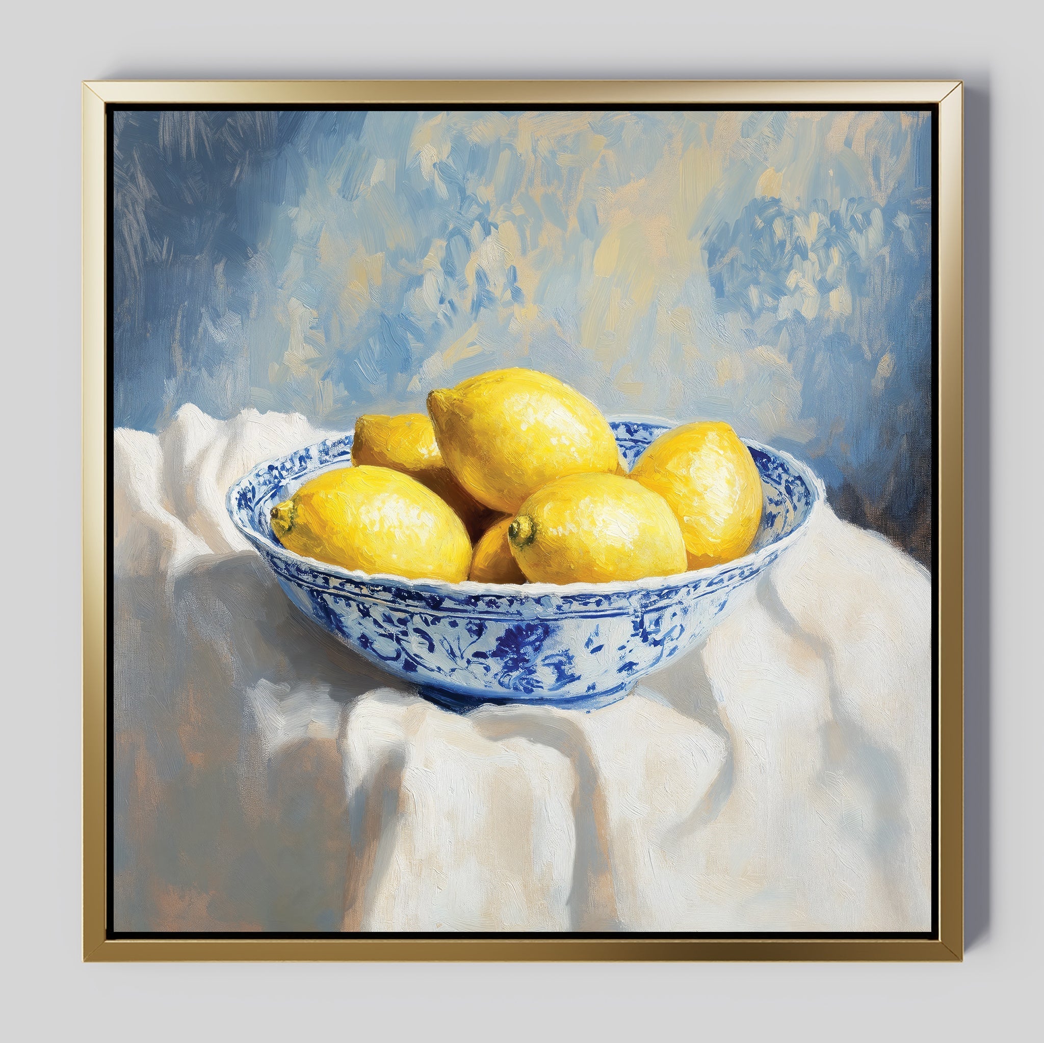 Citrus & Cobalt Reverie – golden yellow vintage canvas wall art print by Aspire Prints